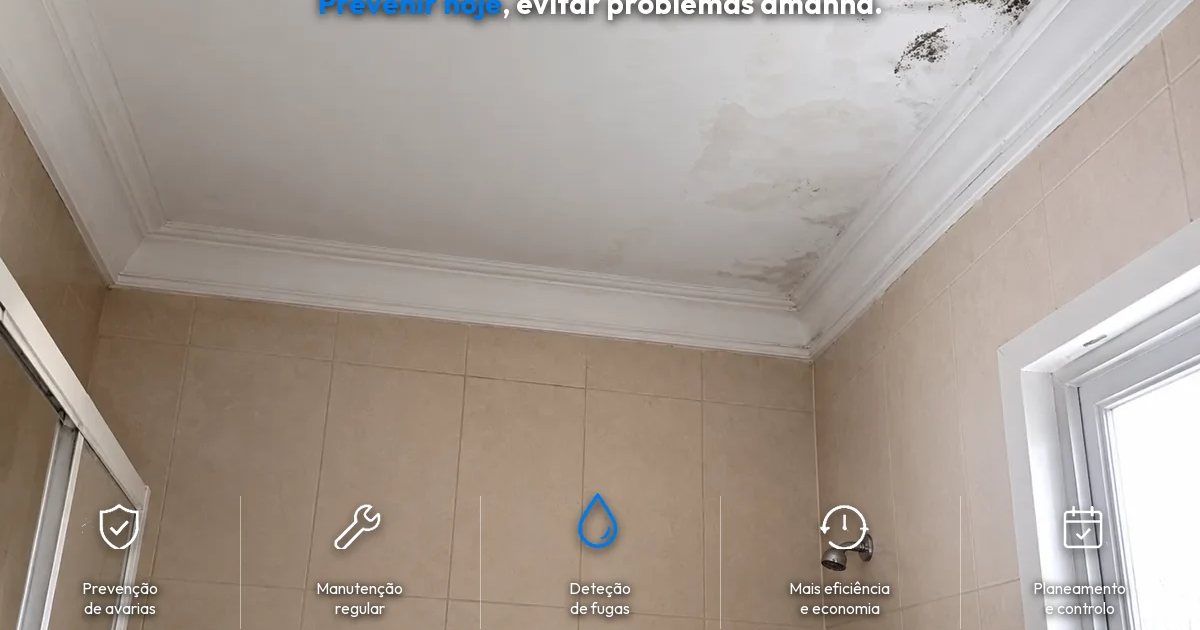 Manchas de humidade e bolor no teto de casa de banho provocadas por fuga de água invisível no Funchal, Madeira.