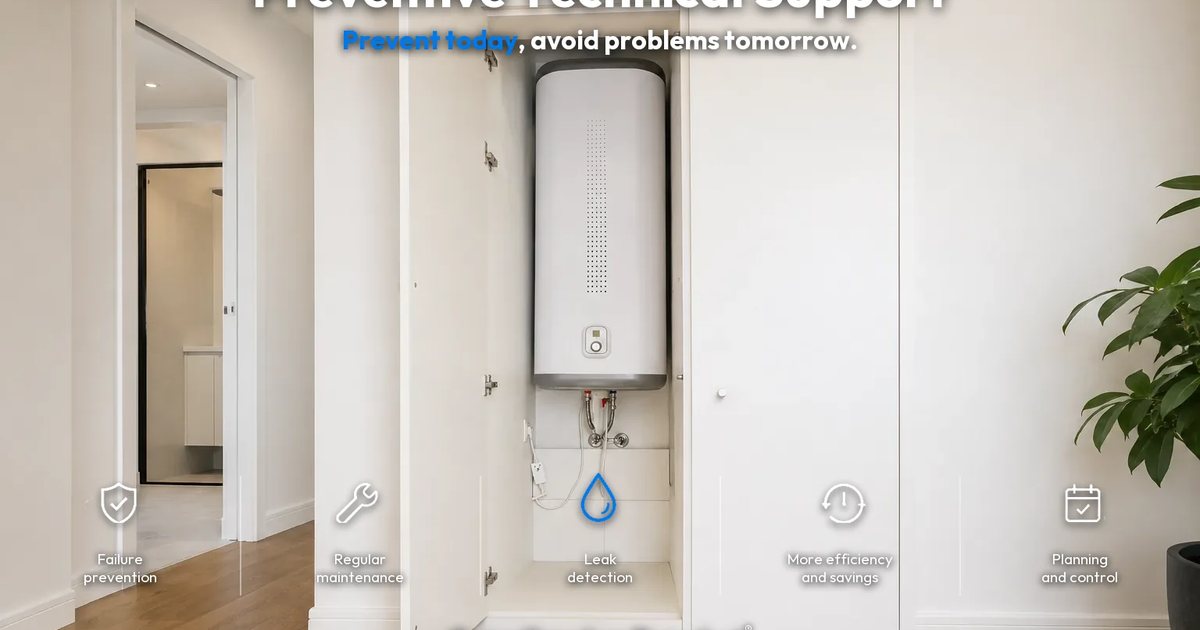 Electric water heater tank installed inside a built-in cabinet in a residential home in Funchal, Madeira.